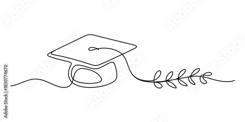 Continuous line art drawing of a graduation cap with an olive branch, symbolizing education, achievement, and success on white. Vector, illustration