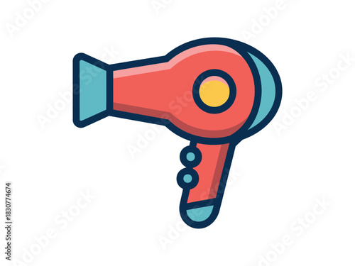 A modern, stylized illustration of a red and turquoise hairdryer is depicted against a plain white background.