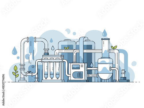 Water Purification Plant Illustration with Tanks and Pipes.