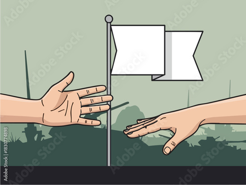 Hands Reaching Across a White Flag of Truce.