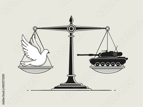 Balance of Peace and War - Dove and Tank on Scales.