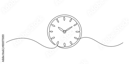 Single continuous line drawing of a clean and elegant analog clock, embodying concepts of time, scheduling, punctuality, and passing moments. Vector, illustration