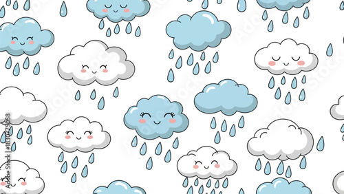 Adorable rainy cloud pattern for nursery decor and playful designs, seamless kawaii style, perfect for textiles and children's products with happy weather themes