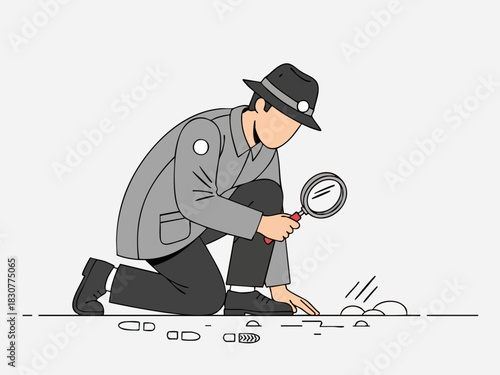 Detective Investigating Footprints with Magnifying Glass in Crime Scene.
