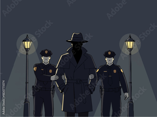 Police Escorting a Suspect in the Dark.