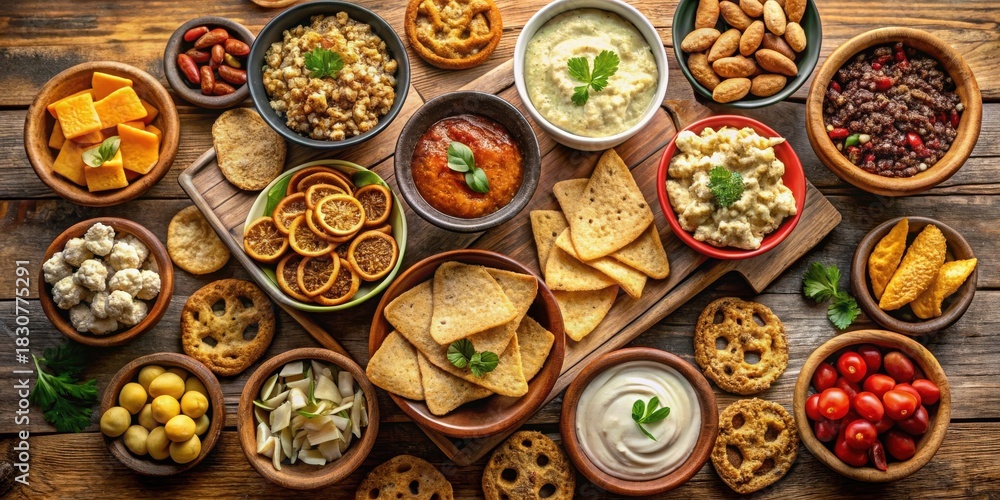 Fototapeta premium A Festive Spread of Savory Appetizers and Dips Arranged on a Rustic Wooden Tabletop