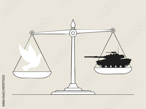 Peace and War Balance - Dove and Tank on Scales.