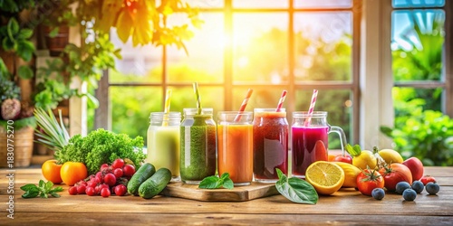 Wallpaper Mural Vibrant and Refreshing Homemade Fruit and Vegetable Juices in Glass Jars on Wooden Table by Sunny Window Torontodigital.ca