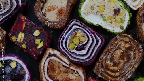 Turkish Delight and Eastern Sweets. Slow Rotation of Assorted Turkish Delight Rolls with Nuts and Colorful Layers on a Dark Background. Gourmet Oriental Dessert Rolls 