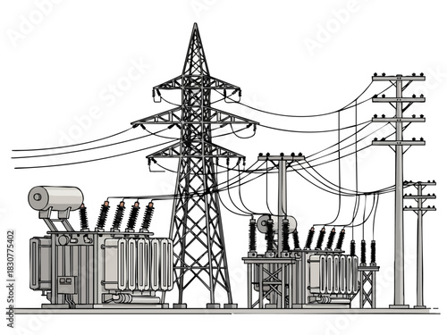 Electrical Substation with Transformers and Power Transmission Tower Illustration.