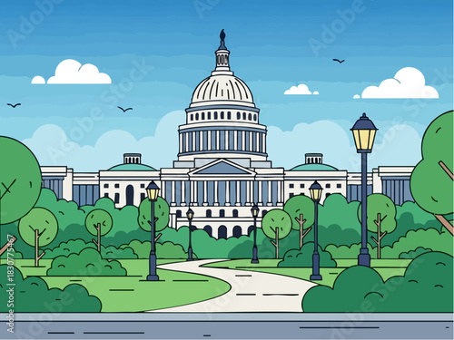 United States Capitol Building Illustration with Green Landscape.