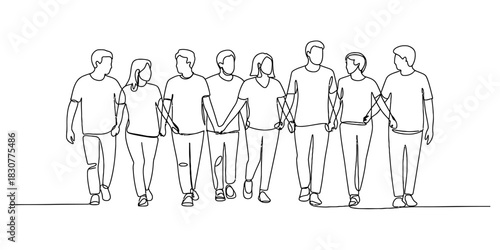 A continuous line art of eight diverse individuals, men and women, standing together, holding hands, symbolizing unity, community and support. Vector, illustration