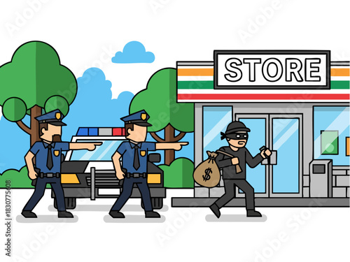 Police Chase a Thief After Store Robbery Illustration.