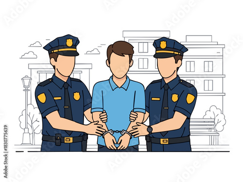 Arrested Man Escorted by Two Police Officers in Handcuffs.