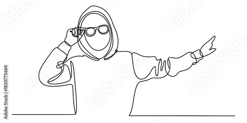 Continuous line drawing of person in hoodie and sunglasses gesturing, minimalist abstract illustration for street style and communication concepts Vector, illustration
