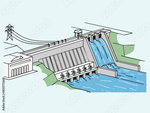 Illustration of a hydroelectric dam generating electricity.