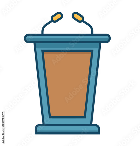 A modern lectern with two microphones stands ready for a presentation or speech on a white background.