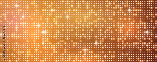 Golden led light screen background, glowing gradient orange round dotted lights, digital mosaic, pixel pattern banner