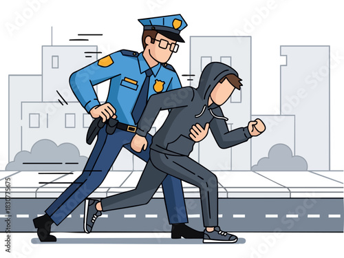 Police Officer Chasing a Suspect in a City Street.