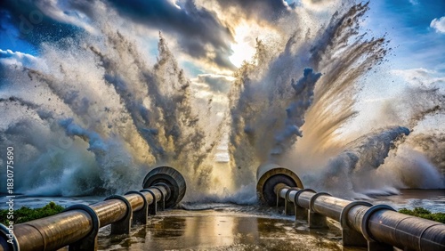 Ocean waves crash dramatically against industrial pipes during a powerful storm, creating a breathtaking spectacle of nature's raw power and the resilience of man-made infrastructure.