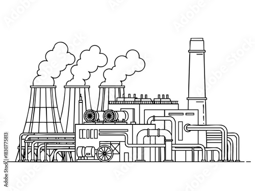 Detailed Line Art Illustration of a Large Industrial Factory Complex.