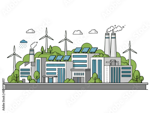 Sustainable Cityscape - Balancing Industry and Renewable Energy Sources.