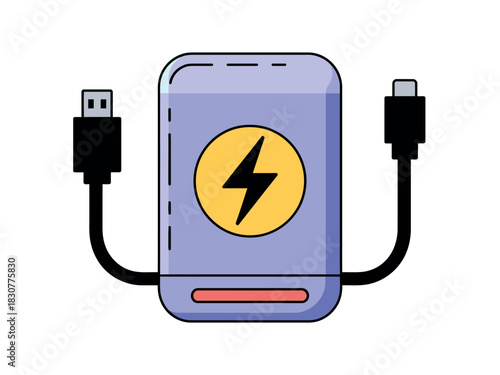 A portable power bank with charging cables is ready to supply energy for electronic devices.