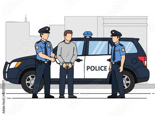 Arrest Scene - Police Officers Apprehending a Suspect Near Police Car.