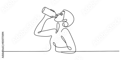 Continuous line art drawing of a person staying hydrated by drinking water from a clear bottle, minimalist fluid one-line vector design. Vector, illustration