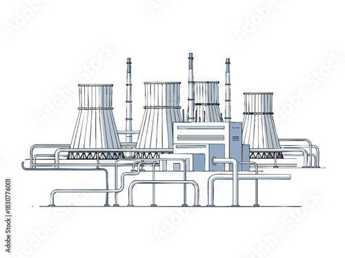 Detailed Illustration of a Nuclear Power Plant with Cooling Towers.