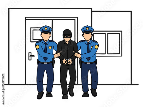 Police Officers Escorting a Handcuffed Criminal into a Building.