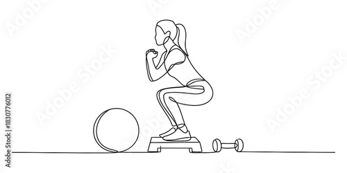 Continuous single line drawing of an active woman doing squats on a step platform for a fitness workout, featuring exercise ball and dumbbell. Vector, illustration