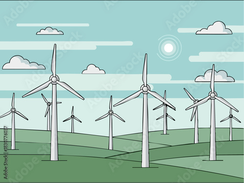 Wind Turbines in a Green Field - Sustainable Energy Illustration.