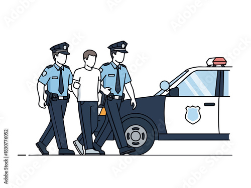 Police Officers Arresting a Suspect Near Patrol Car.