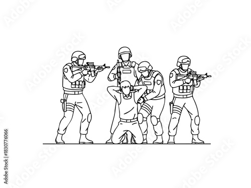 Line art illustration of a SWAT team arresting a suspect.