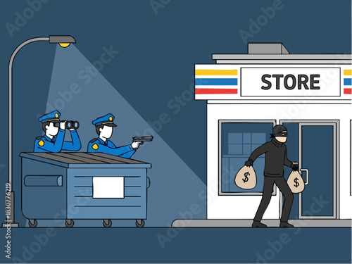 Police Confronting Thief Stealing from Store at Night.