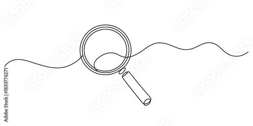 Single continuous line art drawing of a magnifying glass focusing on a flowing wavy line, symbolizing search, analysis, discovery, and finding information. Vector, illustration