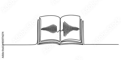 One continuous line drawing of an open book with abstract sound wave patterns across its pages, symbolizing audio knowledge and digital learning. minimalist art. Vector, illustration