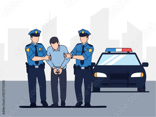 Police Arresting a Suspect Near a Patrol Car.