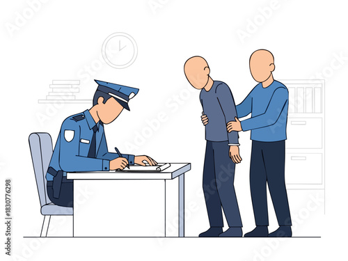 Police Officer Processing Arrested Individual with Assistance.