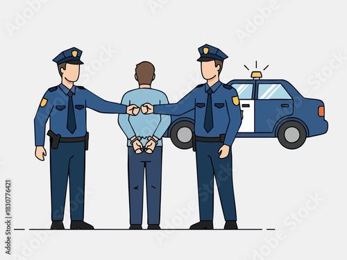 Police Arresting a Suspect with Handcuffs Near Police Car.