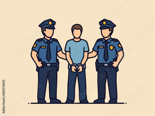 Arrested Suspect Escorted by Two Police Officers Illustration.