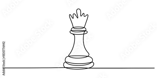 Continuous line drawing of a elegant chess queen piece on a white background, symbolizing strategy, power, and intelligent game play. Vector, illustration