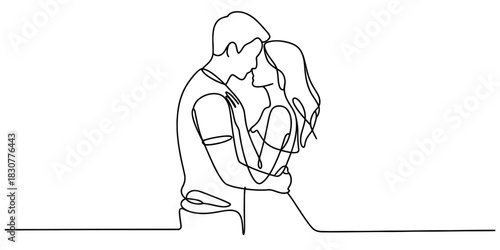 Continuous line art drawing of a romantic couple embracing tenderly, faces close in anticipation of an intimate kiss, minimalist illustration. Vector, illustration