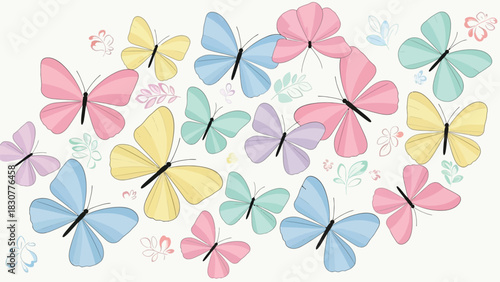 Pastel butterflies dancing with delicate leaves create a whimsical, joyful spring design perfect for invitations, decor, and delightful patterns