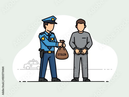 Police Officer Presenting Evidence Bag to Handcuffed Criminal.