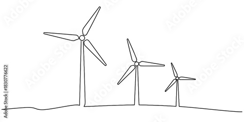 Continuous line drawing of three wind turbines, symbolizing renewable energy, green power, and sustainable electricity generation. Vector, illustration