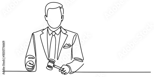 Continuous line art illustration of a male figure in a business suit holding a gavel, representing concepts of justice, law, auction, and decision Vector, illustration