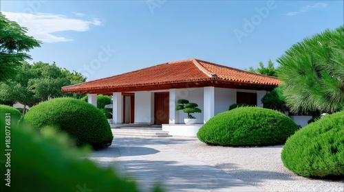 A white house with a red tiled roof surrounded by green bushes and trees on a sunny day. The scene is outdoors.