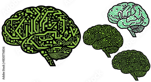 Artificial intelligence brains with circuit board patterns against a black background